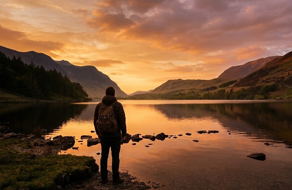 Person with backpack admires scenic lakeside sunset in mountainous landscape